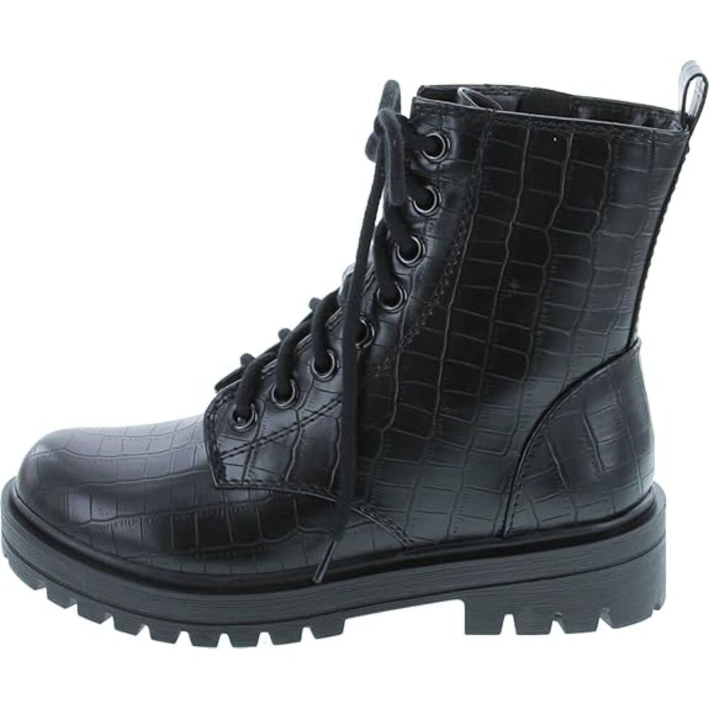 Women Black Croco Patent Closed Toe Synthetic Rubber Sole Side Zipper Ankle Boot